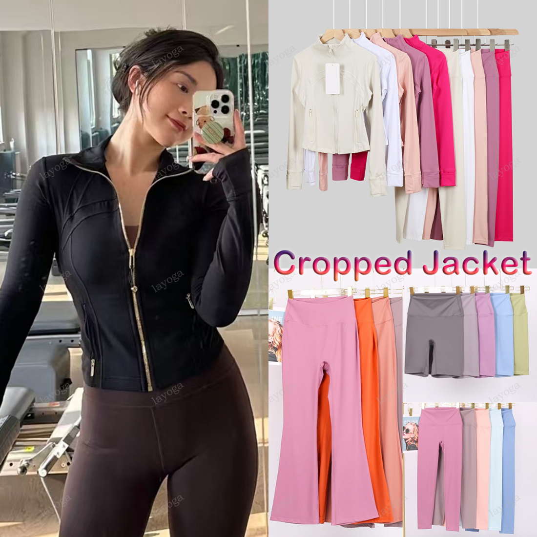 New Yoga Jacket Cropped Jacket Gold Zip Women Long Sleeve Solid Color Nude Sports Breathable coat flared leggings short pants gym Jogging Sportswear pilates set S-3XL