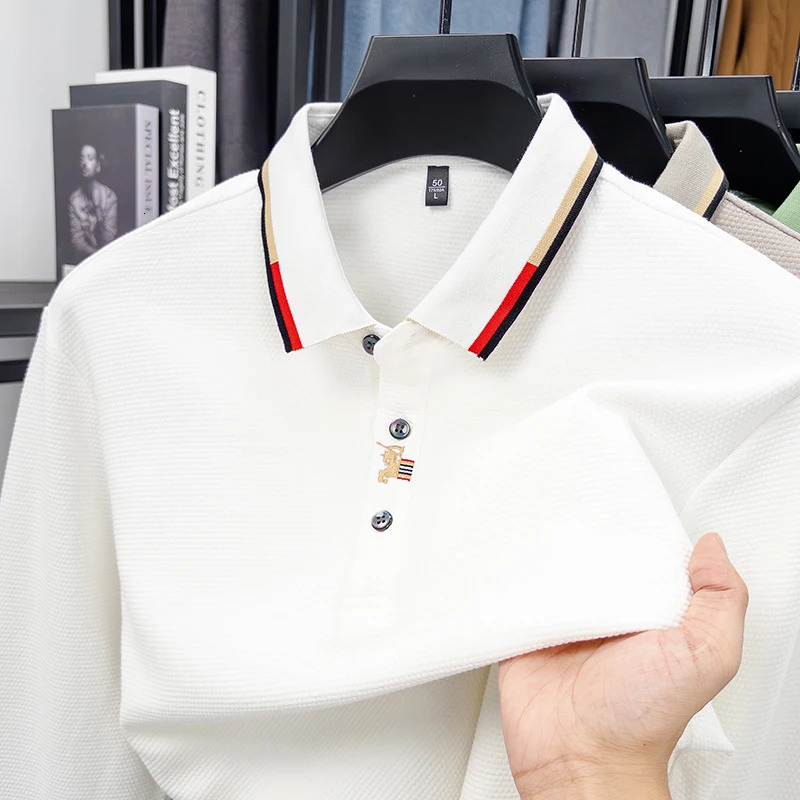 2026 Spring Light Fashion 100 Cotton Embroidered Polo Shirt Mens Trendy Long Sleeve Collar Bottom Tshirt 260107