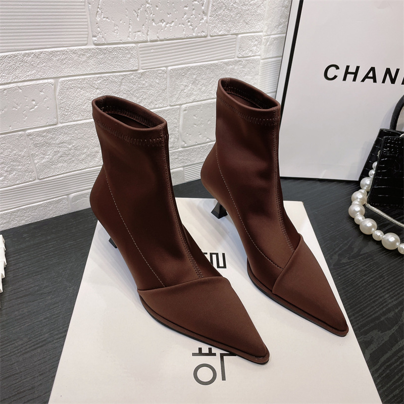 Korean-style pointed-toe short boots for women with stretch 2026 autumn and winter new sock boots mid-heel soft leather slimming skinny boots