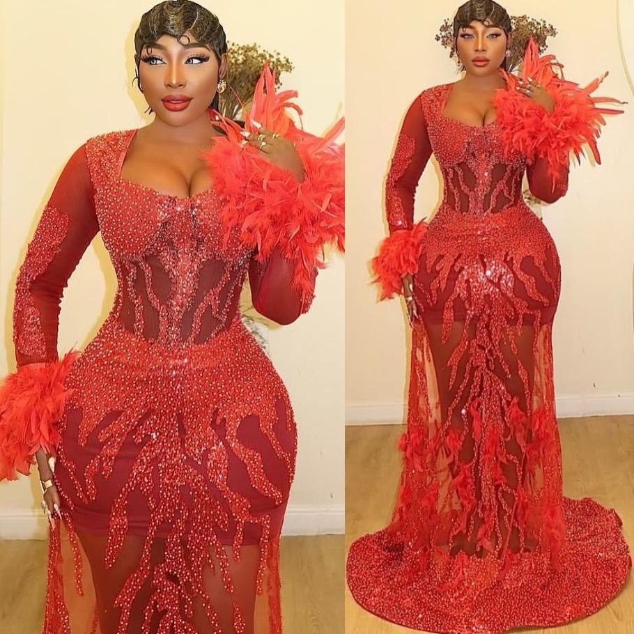 2026 Aso Ebi Red Sheath Prom Dresses Feather Sequined Full Sleeves Evening Formal Party Second Birthday Engagement Reception Gowns Dress For Special O