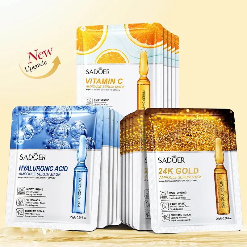 Luxury 15Pcs SADOER 24K Gold C Hyaluronic Acid Facial Masks For maquillaje Face Hydrating Mask Skin Care X260311
