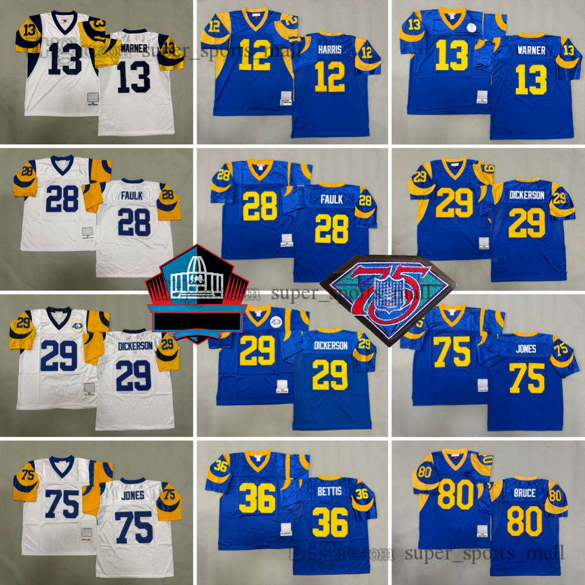 75 Deacon Jones 1969 Throwback DIY Jerseys 29 Eric Dickerson 1985 13 Kurt Warner 28 Marshall Faulk 1999 Jerome Bettis 1994 Isaac Bruce Jack Youngblood Add 75th Patch