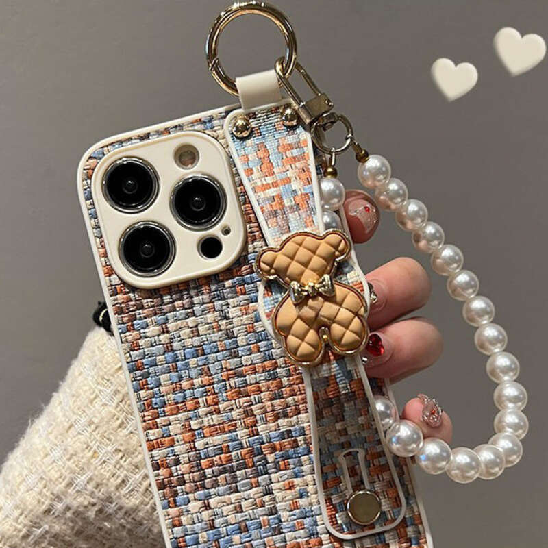 Phone Case For iPhone 17 Pro Max Autumn Winter Chanel Style Woven Leather Texture Bear for Apple 17 Phone Case 16 Wrist Strap Chain 15 Full Protection