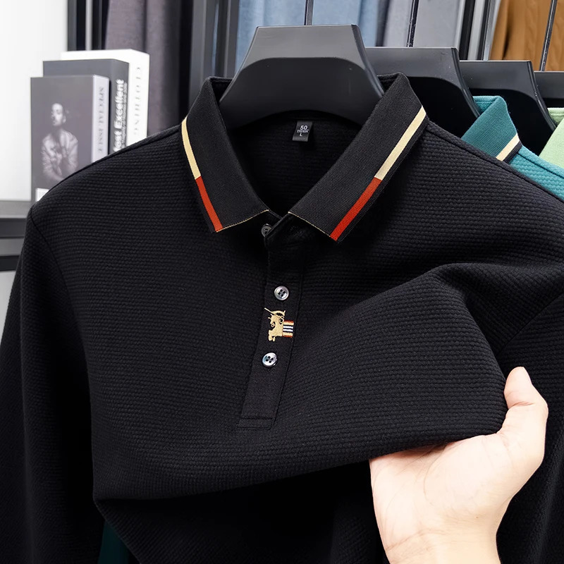 2026 Spring Light Fashion 100 Cotton Embroidered Polo Shirt Mens Trendy Long Sleeve Collar Bottom Tshirt 260107