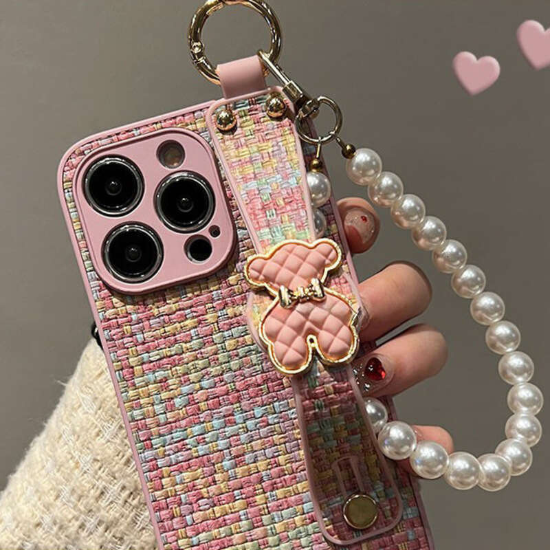 Phone Case For iPhone 17 Pro Max Autumn Winter Chanel Style Woven Leather Texture Bear for Apple 17 Phone Case 16 Wrist Strap Chain 15 Full Protection