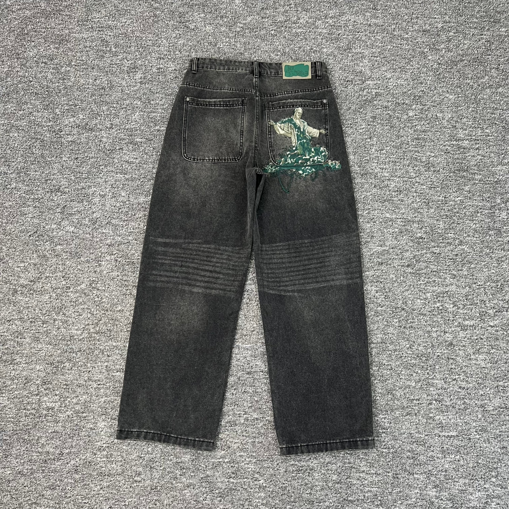 Men's Jeans Derschutze Blossom Embroidery Jeans Creative Volcano Starry Sky Pattern High Street Fashion Design Straight Leg Y2K Men Women Hip Hop