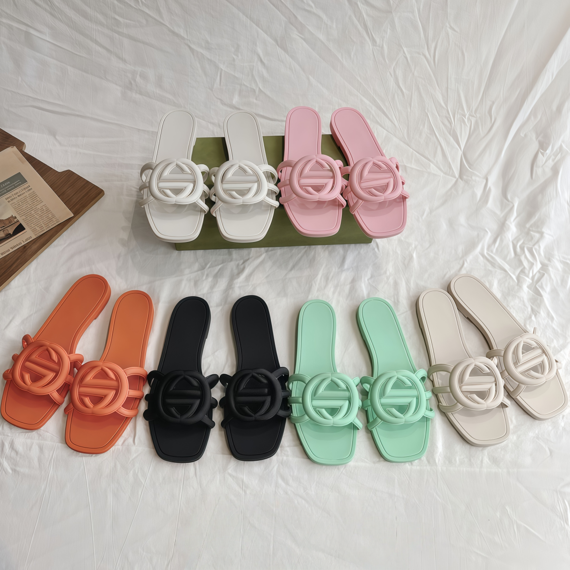 Designer Sandals Women Interlocking G Slides Rubber Slippers Luxury Ladies Flat Beach Jelly Script Orange Summer Fall Mules Outdoor Waterproof US6-11