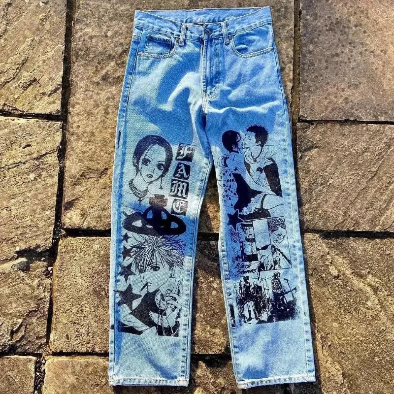 Men's Jeans Streetwear Jeans Y2K Japanese Harajuku Hip Hop Graphic Print Baggy Jeans Black Pants Mens Gothic High Waist Wide Leg Trousers For Men