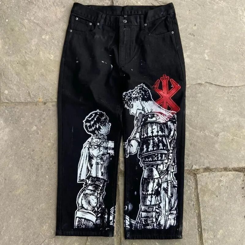 Men's Jeans Streetwear Jeans Y2K Japanese Harajuku Hip Hop Graphic Print Baggy Jeans Black Pants Mens Gothic High Waist Wide Leg Trousers For Men