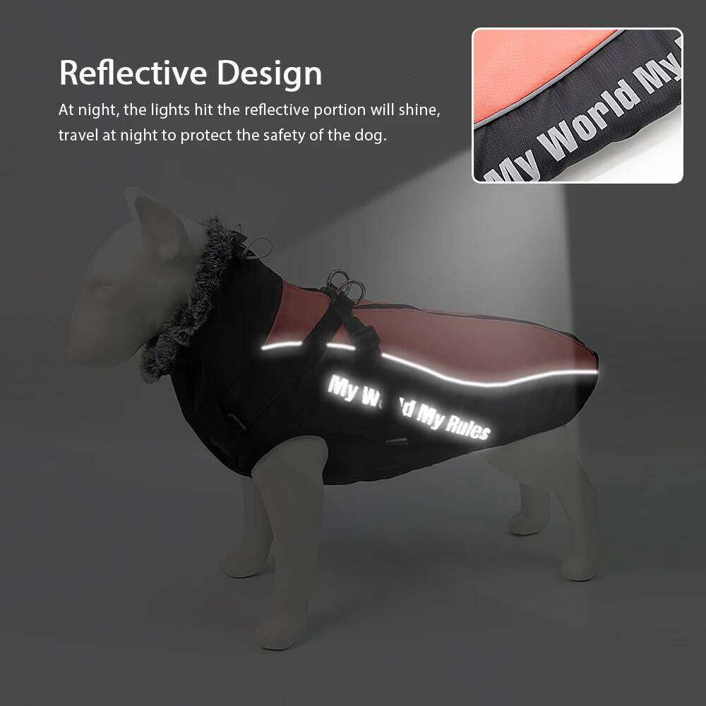 Winter Pet Clothes Reflective Dog Jacket Coat With Harness Rope Warm Fur High Collar Vest Waterproof Large Dogs Clothing XJ251225