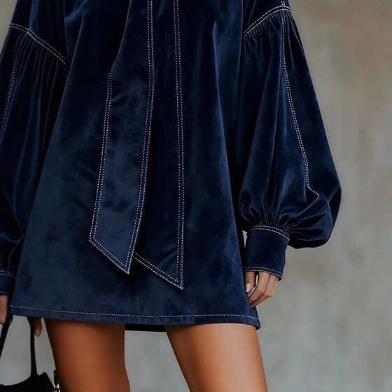 European American Women's Clothing Amazon Independent Station Autumn and Winter Velvet Retro Long Sleeve Bow Short Dress