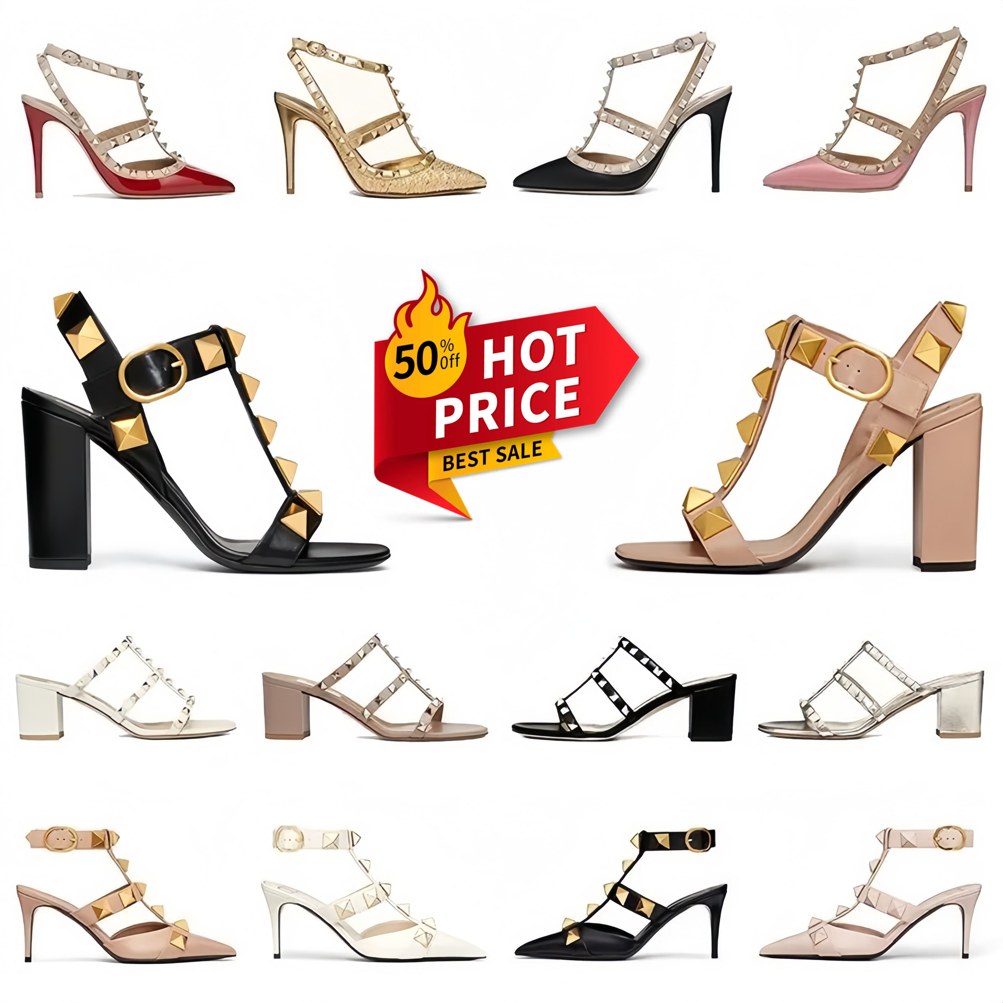 Luxury Designer High Heels 6cm 8cm 10cm Women Sandals Summer Slides Shoes Slippers Leather Stud Sandals Nude Women Rivets Thin Heels Versatile Fashion Dress Shoes