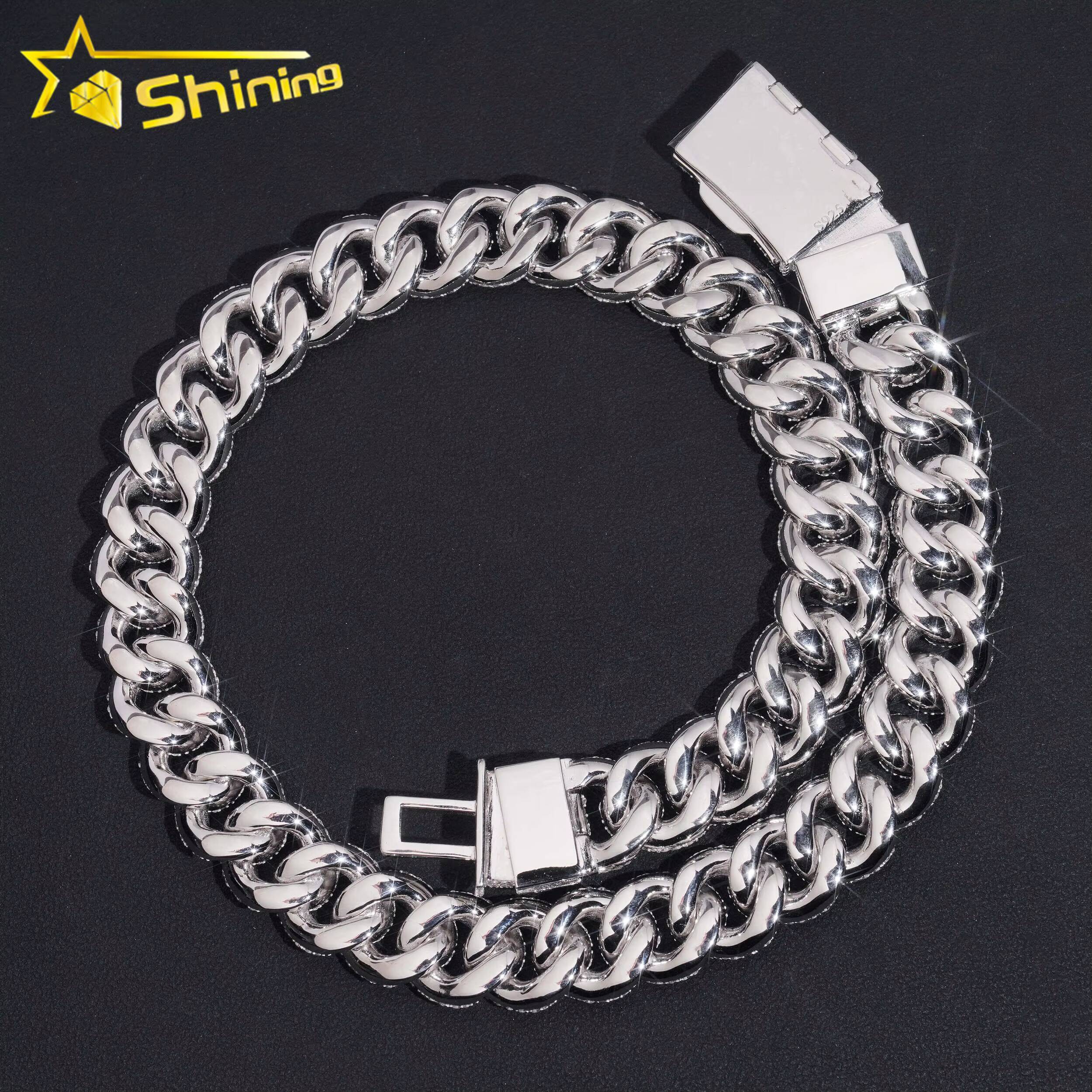 USA Warehouse Fast Shipping 15mm 925 Solid Silver Hip Hop Jewelry Iced Out Moissanite Diamond Mosaic Setting Cuban Link Chain