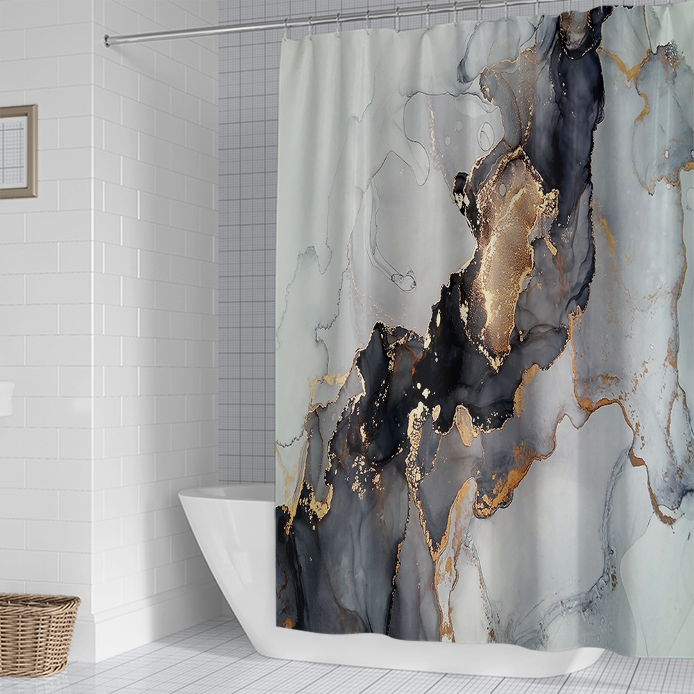 YL-38129 Custom Marble Pattern Shower Curtain, Abstract Geometric Texture, Polyester Waterproof Shower Curtain Set with Hooks
