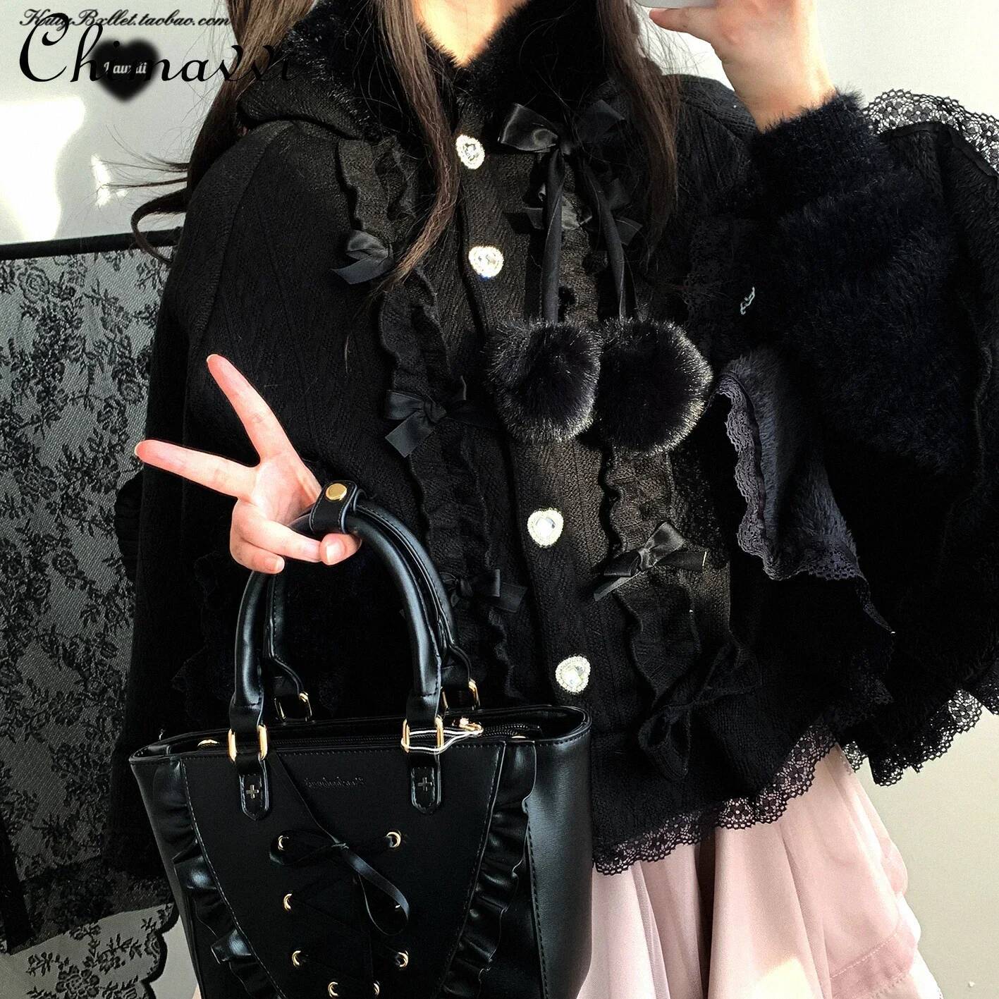 Bestseller Sweet Girl Kawaii Diamond Buckle Cape Jacket Autumn and Winter Japanese Mines Loose Cute Bow Hooded Velvet Small Shawl Coat ddmytues