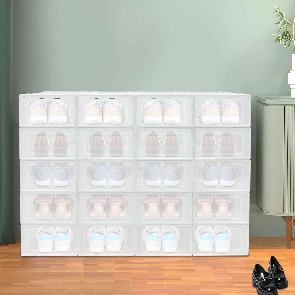 20 Pcs Storage Box Transparent PP Plastic Shoe Cabinet Moisture & Dust Proof Modern Organizer Black/White 26T0108