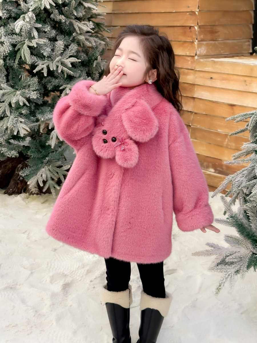 Children's fur-and-textile one-piece coat for girls. Women's eco-friendly waterflea-fur imitation leather coat. Winter girls' warmest sweater made of fluffy J260108