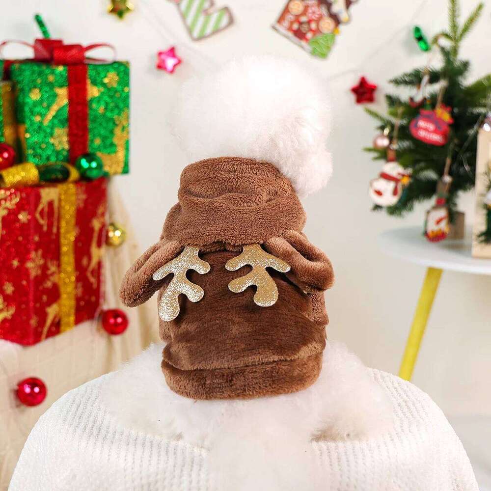 1Pc Pet Clothes Cute with Three-dimensional Elk Horn Cat Dog Christmas Clothing Autumn and Winter Fleece Hoodie XJ251225