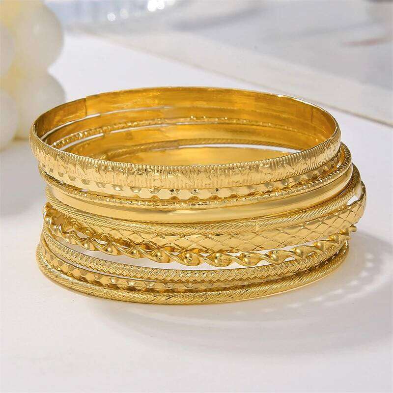 6-10pcs Multilayer Metal Bangles Set For Women Gold Color Hip Hop Punk Textured Stackable Bracelet Party Jewelry Accessories