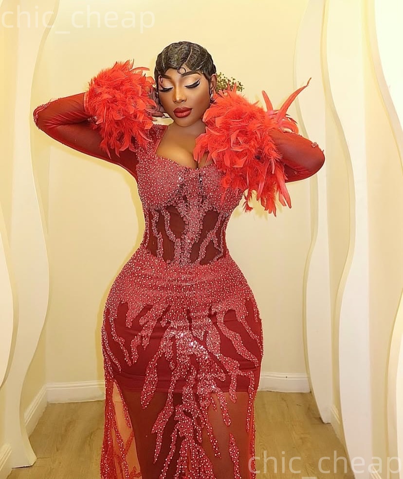 2026 Aso Ebi Red Sheath Prom Dresses Feather Sequined Full Sleeves Evening Formal Party Second Birthday Engagement Reception Gowns Dress For Special O