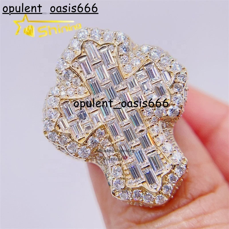 Pass Diamond Tester Men Hip Hop Iced Out Baguette Cut Moissanite 10k Gold Ring