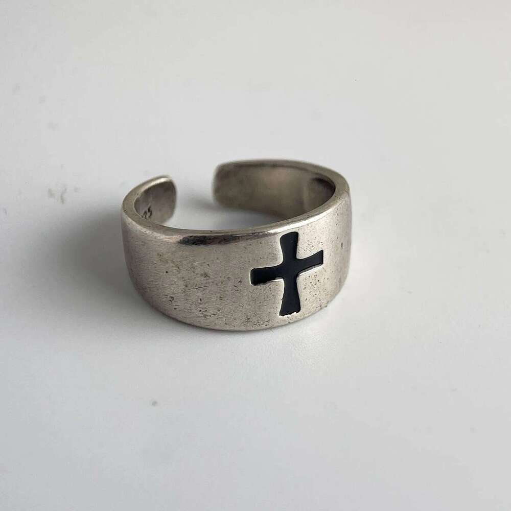 925 Sterling Silver Rings For Women Vintage Handmade Adjustable Black Cross Pattern Ring Fashion Female Bijoux Gift