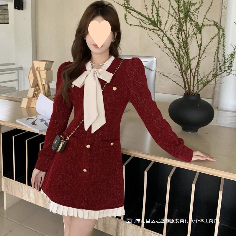 French High-end Temperament Socialite's Small Fragrant Style Dress Women's Autumn And Winter Korean Version Waist Cinching And Slimming Bow Short Skirt