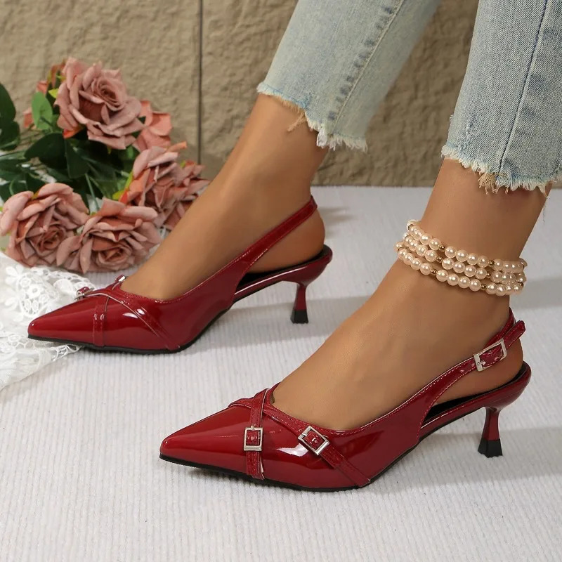 Low Heel Womens Shoes Fashionable Sexy Party Pumps Wine Red Color Single Slip-On Rubber Sole Footwear High Heels Sandal 260107