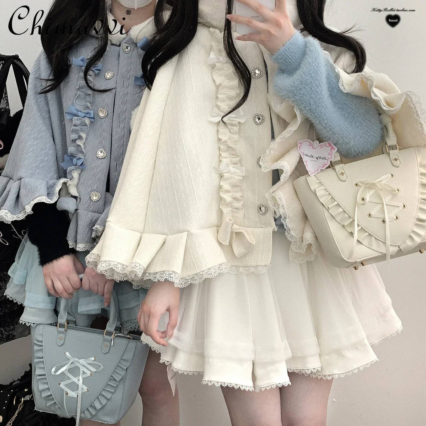 Bestseller Sweet Girl Kawaii Diamond Buckle Cape Jacket Autumn and Winter Japanese Mines Loose Cute Bow Hooded Velvet Small Shawl Coat ddmytues