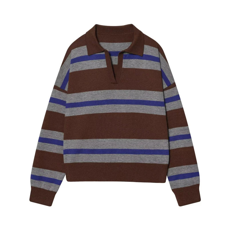 ETJ 2025 Autumn womens line street style fashion yellow wide stripe polo neck loose version of longsleeved sweater 260107