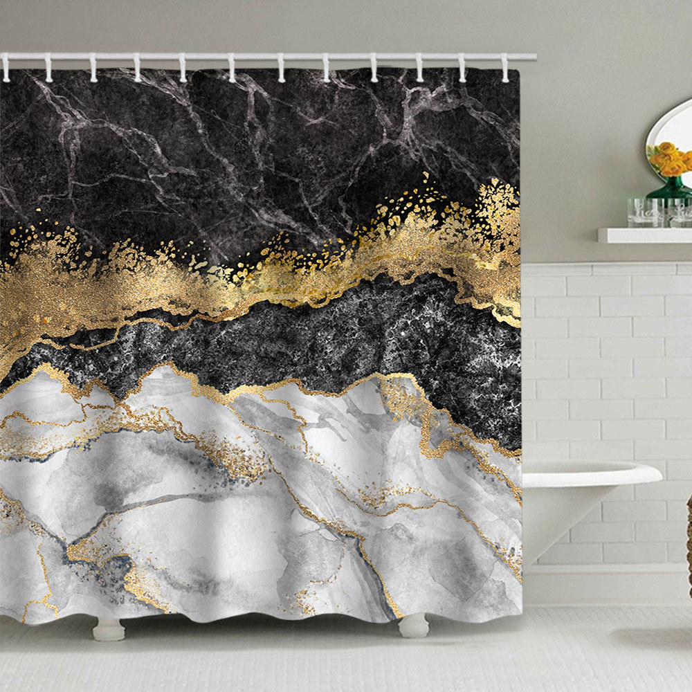 YL-38119 Marble Pattern Shower Curtain, Abstract Geometric Texture, Polyester Waterproof Shower Curtain Set with Hooks
