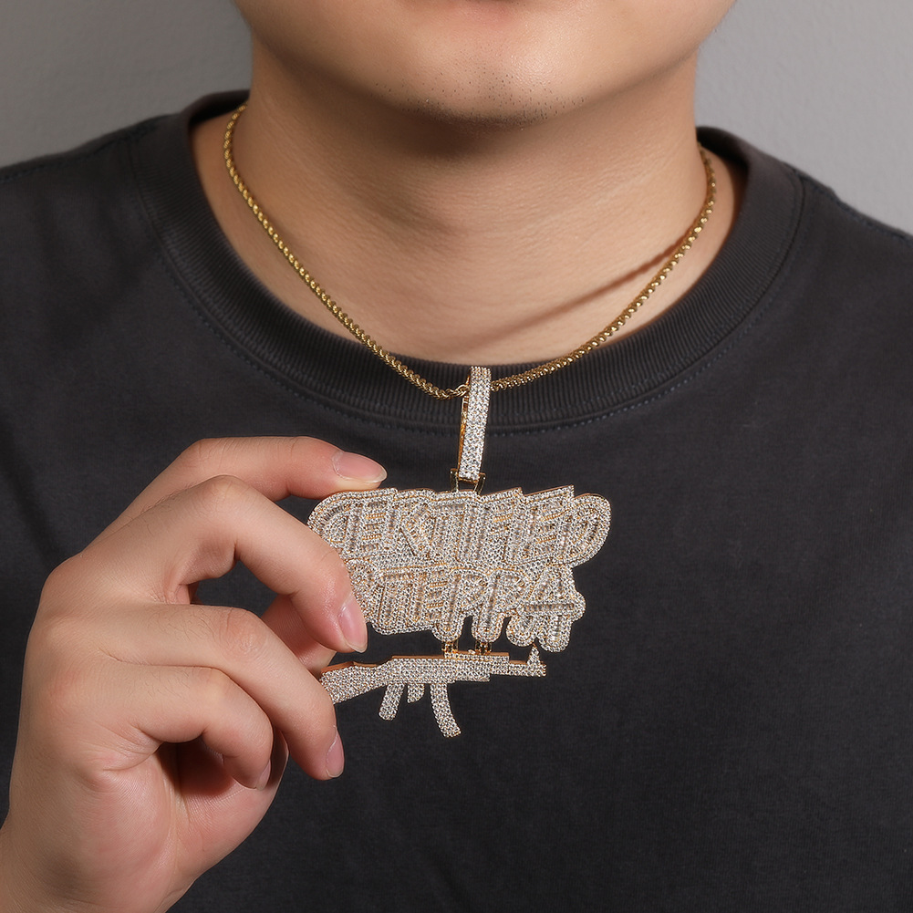 Hip Hop Full 5A Zircon Letters AK47 Gun Pendant Necklace Rap Jewelry Gold Plated