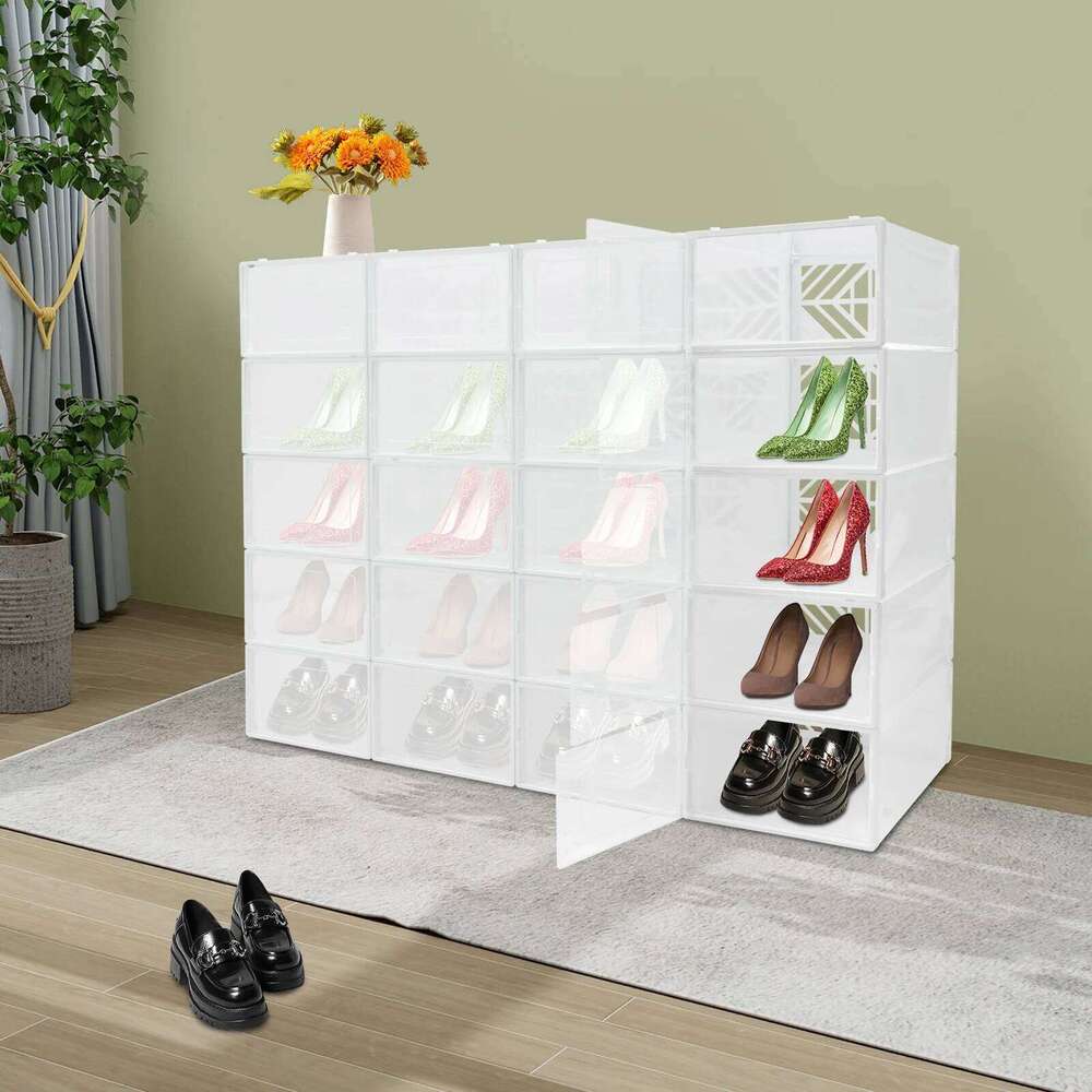 20 Pcs Storage Box Transparent PP Plastic Shoe Cabinet Moisture & Dust Proof Modern Organizer Black/White 26T0108