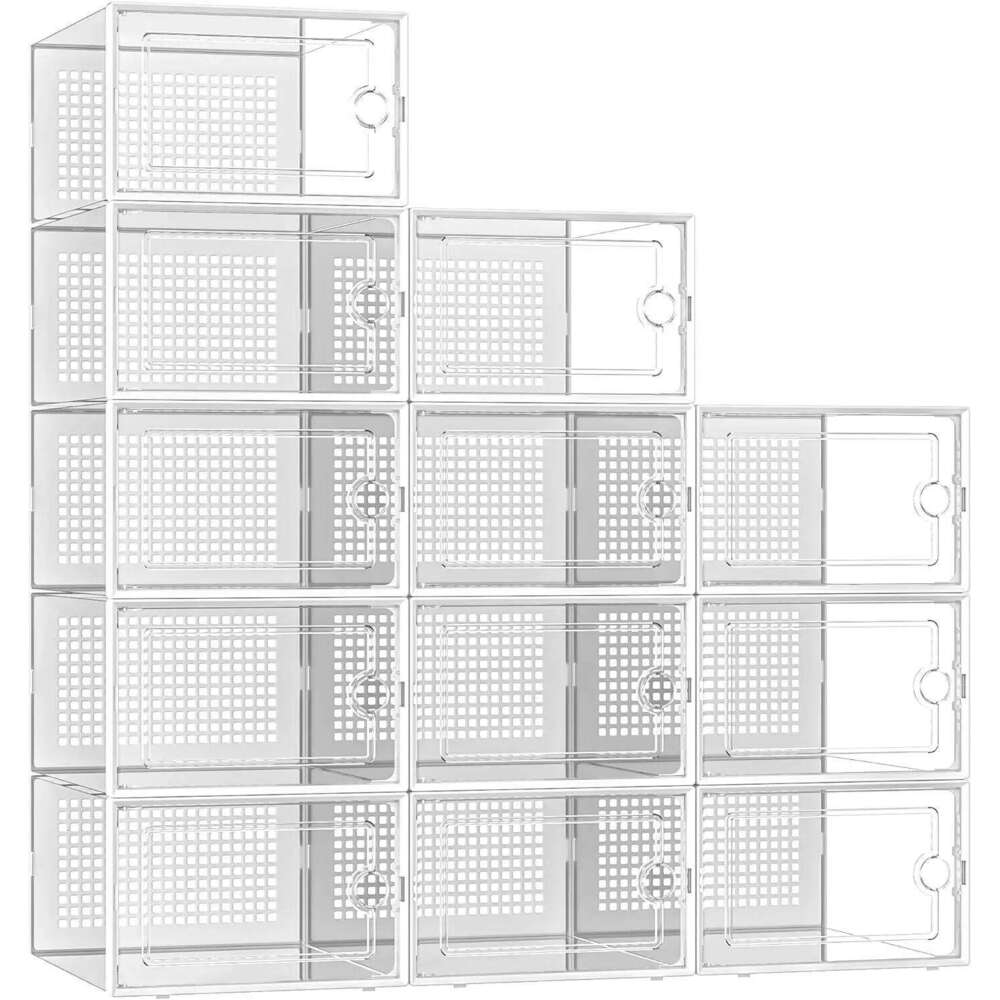 12 Pack Transparent Foldable Shoe Dustproof Organizer Clear Plastic Storage Box for Home Organization 26T0108