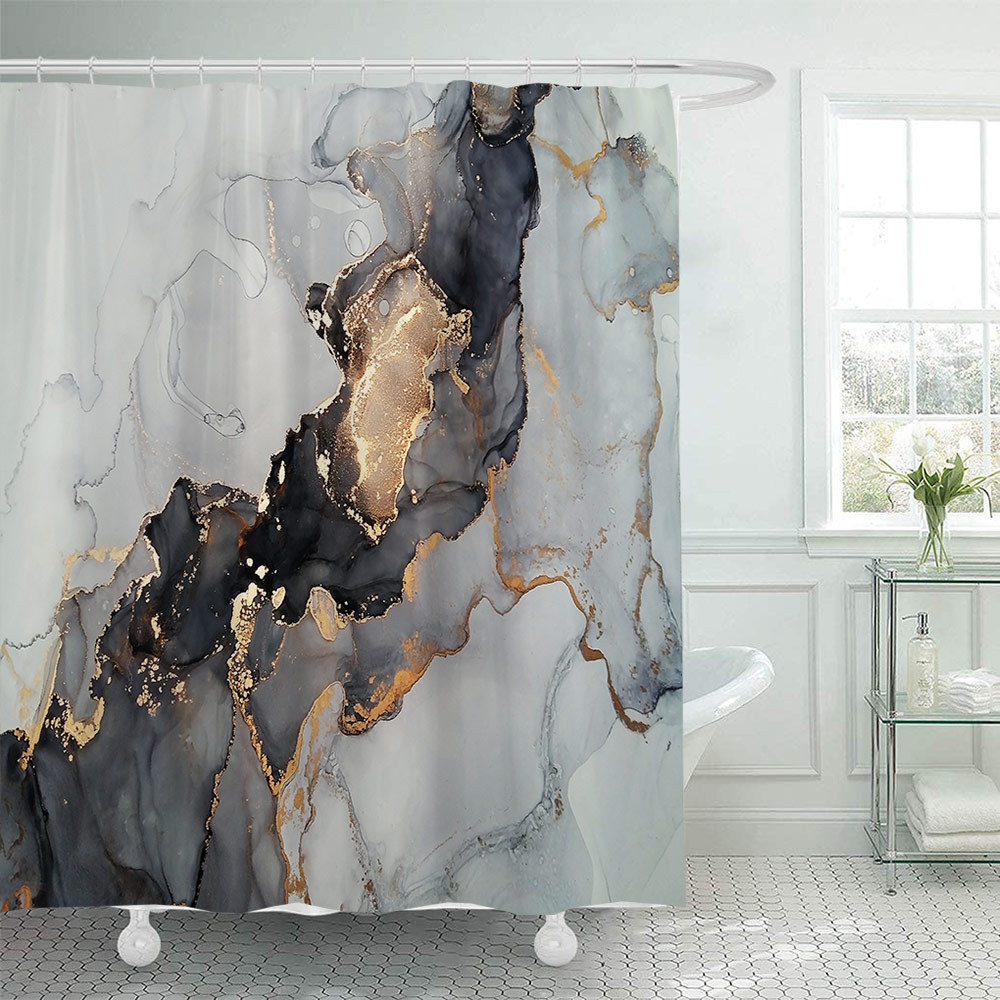 YL-38129 Custom Marble Pattern Shower Curtain, Abstract Geometric Texture, Polyester Waterproof Shower Curtain Set with Hooks