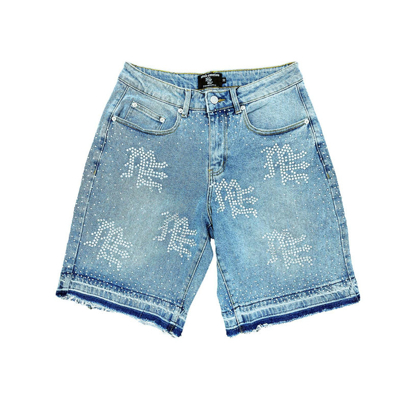 Retro Lettering Rhinestone Sequin Denim Shorts Y2K Jeans Men Women Hip Hop Vintage Washed Blue Baggy Shorts Over The Knee Pants250912