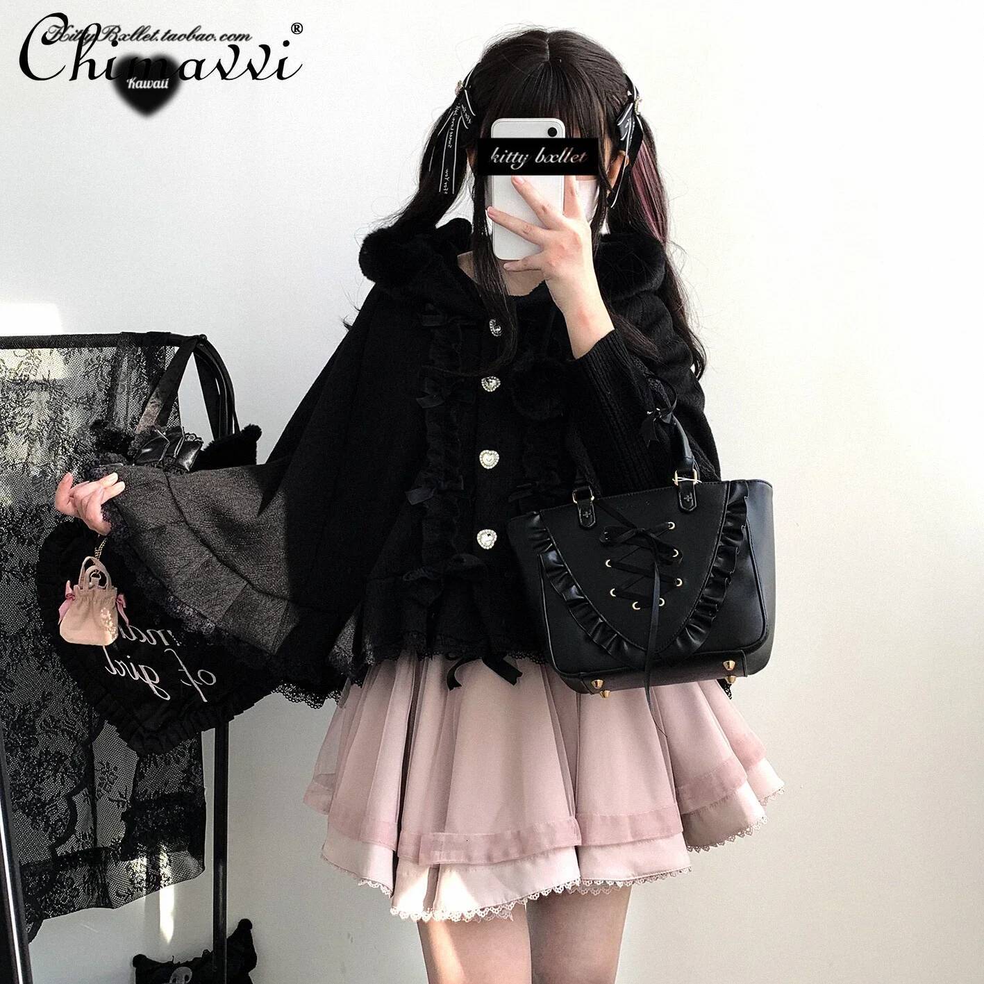 Bestseller Sweet Girl Kawaii Diamond Buckle Cape Jacket Autumn and Winter Japanese Mines Loose Cute Bow Hooded Velvet Small Shawl Coat ddmytues