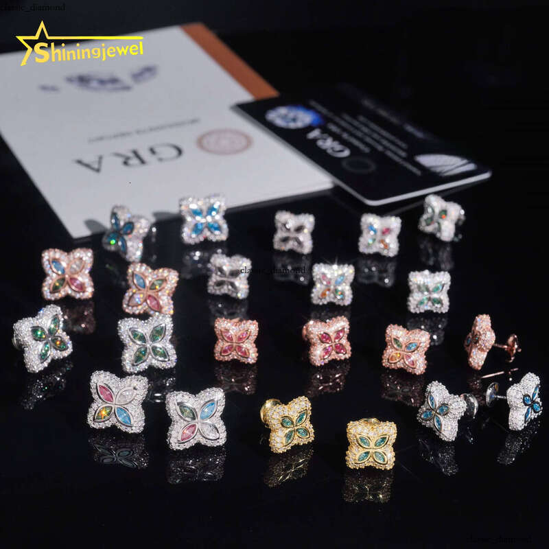 VVS Moissanite 925 Sterling Silver Colorful Clover with Screw Back Fine Jewelry Men and Women Ice Silicon Stone Earrings for Daily Wear