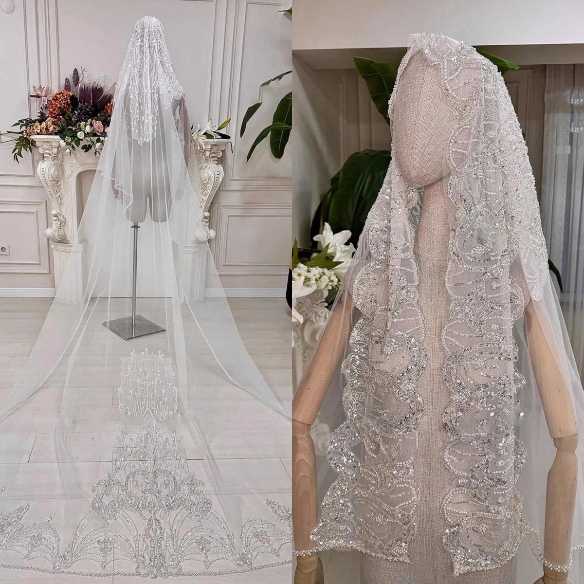 Fashion Lace 3 Meters Wedding Veil White Ivory Sequined Cathedral Bride Veil One Layer Customized Wedding Accessories
