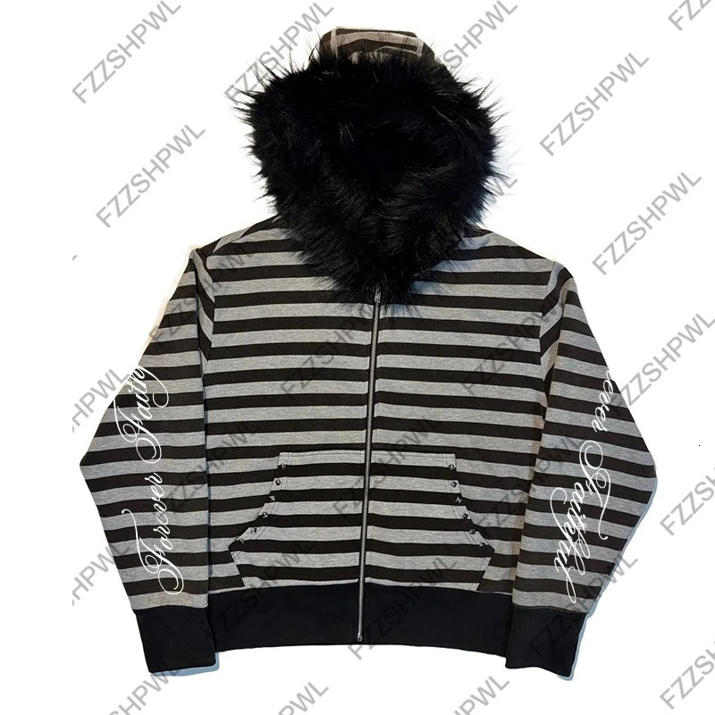 Y2K Zip up hoodie Hiphop Dark Faux Fur Collar Harajuku Letter Print Punk Zipper Hoodie sweatshirt Gothic Streetwear Chic Jacket 251231