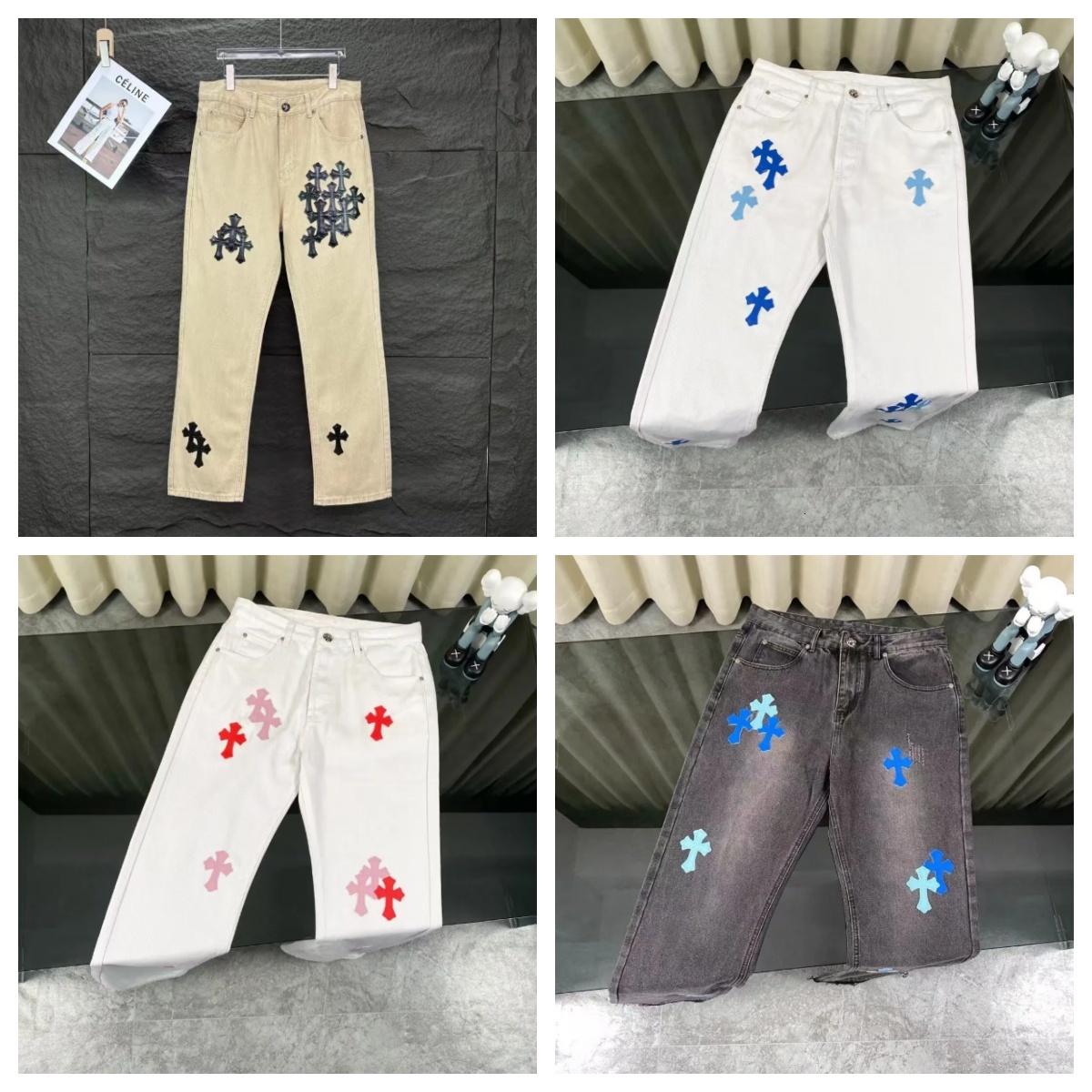 chromelys heartslys jeans designer fashion Cross Sanskrit Embroidery Pants Denim Ch Distressed Rippedbiker Slim Fit Motorcycle Men Women Hip Hop chromejeans 392