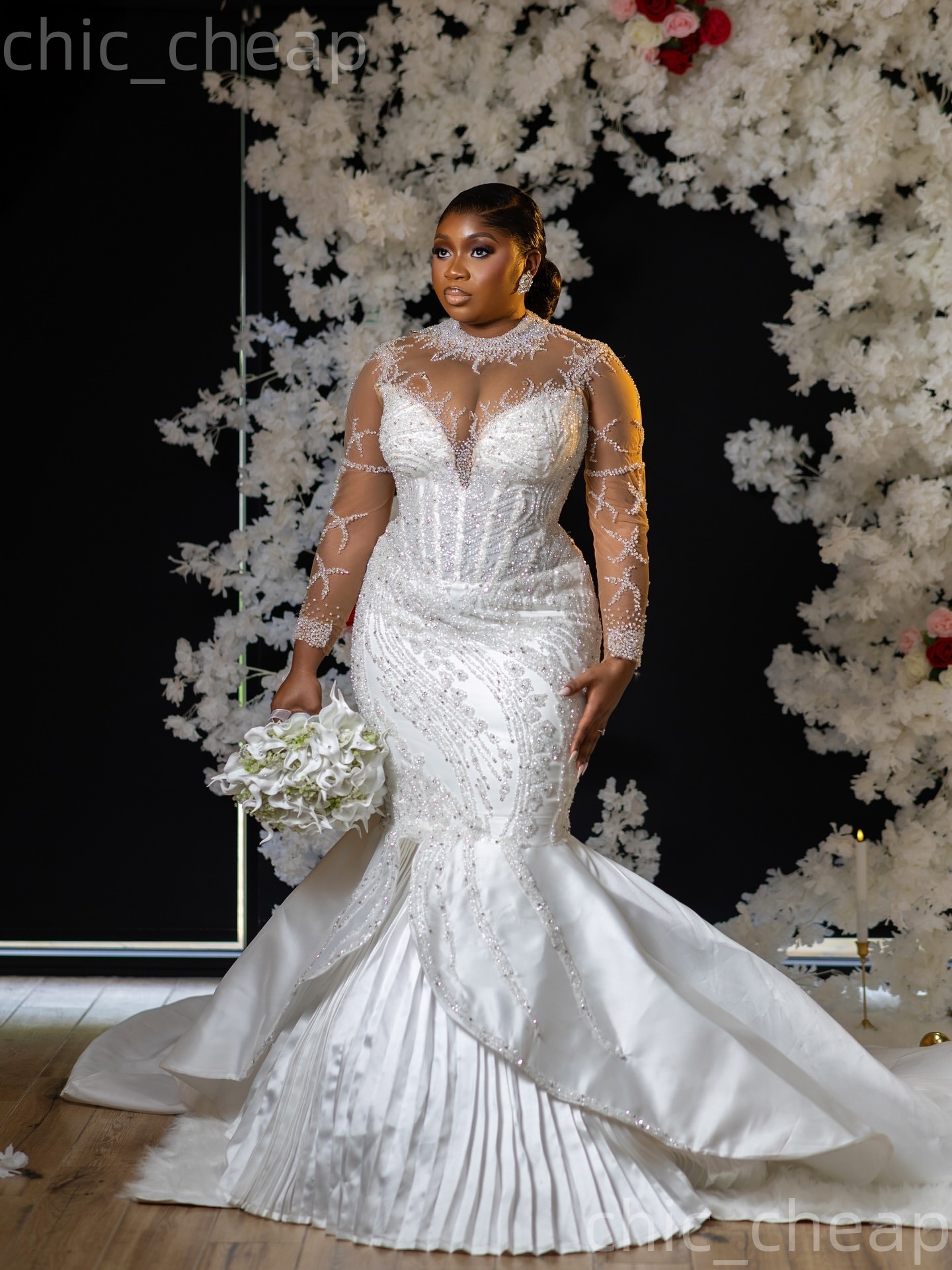 African Aso Ebi 2026 Ivory Mermaid Wedding Dress Crystals Beaded Sheer Neck Sequined Lace Satin Sparkly Bridal Gowns Dresses ZJ2269