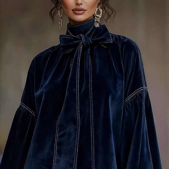 European American Women's Clothing Amazon Independent Station Autumn and Winter Velvet Retro Long Sleeve Bow Short Dress