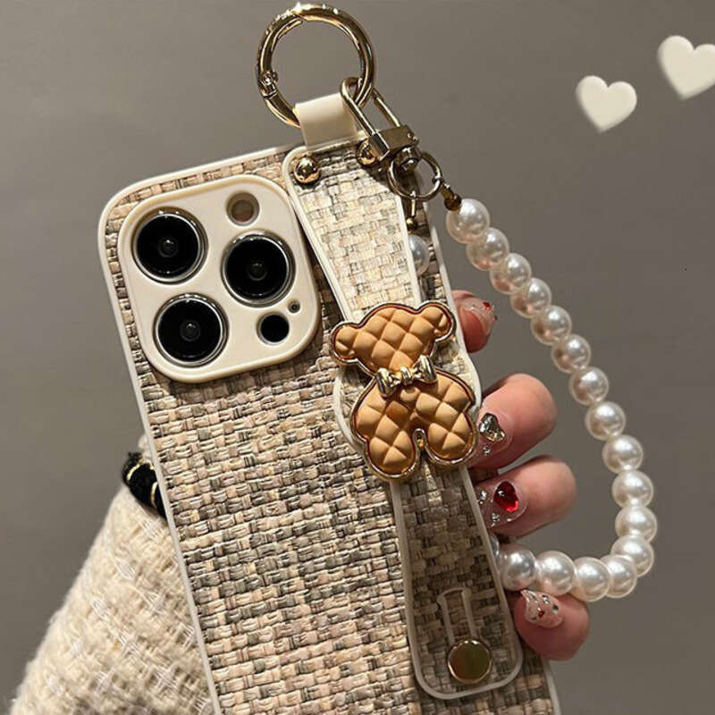 Phone Case For iPhone 17 Pro Max Autumn Winter Chanel Style Woven Leather Texture Bear for Apple 17 Phone Case 16 Wrist Strap Chain 15 Full Protection