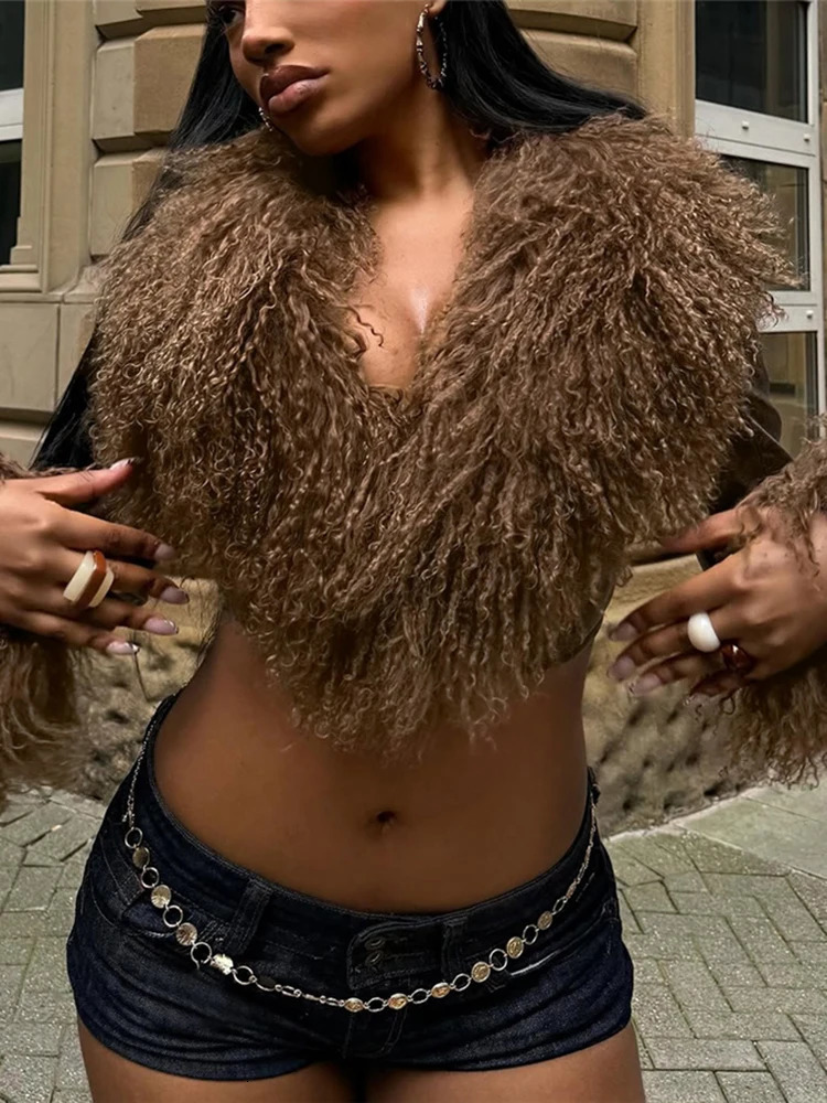Nibber Wild Coats Woman Furry Tassel Decoration Autumn Trend Low-Neck Full Sleeve Navel Exposed High Street Style Classic Tops260107