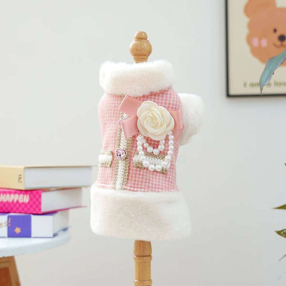 1-piece Pet Clothes, Dogs, Cats, Autumn and Winter Velvet Thickened Warm Vest, Pink Fragrant Flower Pearl Sleeveless Clothes XJ251225