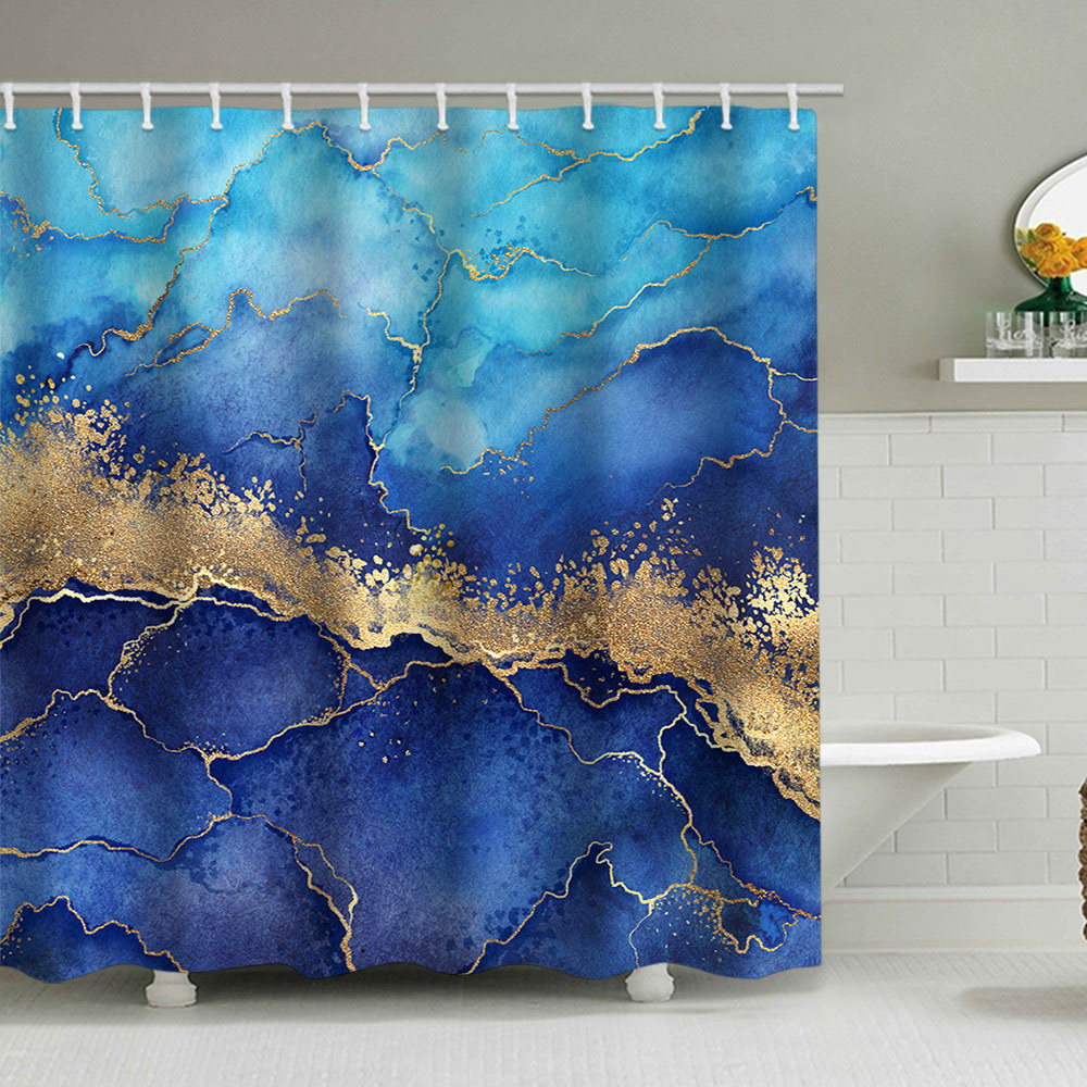 YL-38118 Marble Pattern Shower Curtain, Abstract Geometric Texture, Polyester Waterproof Shower Curtain Set with Hooks