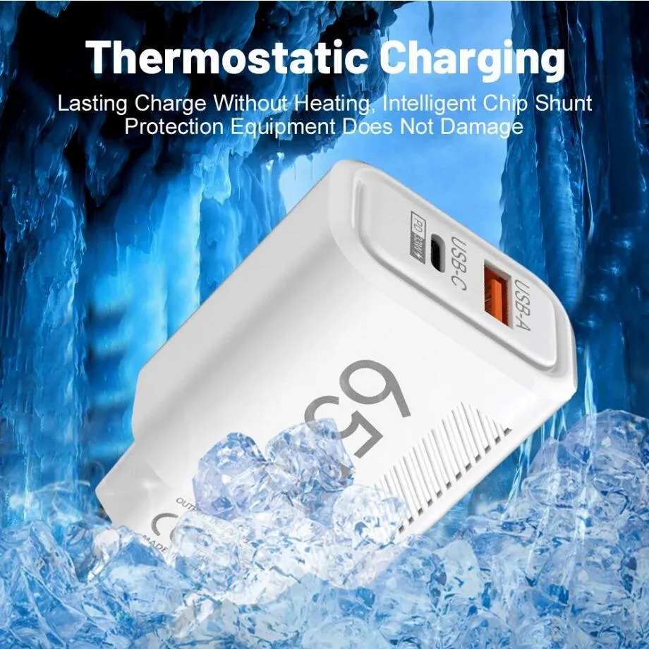 65W USB C Wall Charger Block Quick Charge 2 Ports PD 33W Type C Phone Fast Charging EU US Plug Travel Power Adapter For iPhone 16 15 14 13 12 11 Samsu