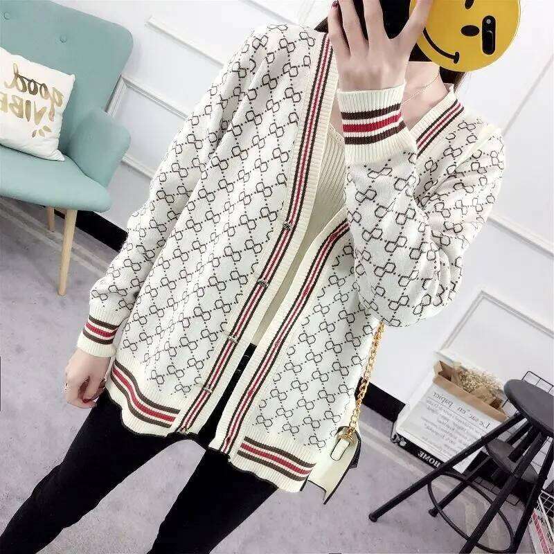 Women's Clothing Cardigan Sweater Autumn Geometric Loose Long Sleeve Designer Fashion Knit Casual Coat Lady Versatile V-Neck Tops