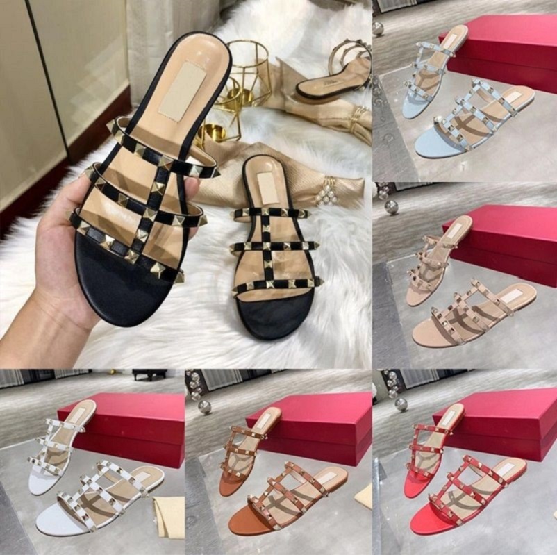 Designer Slippers for Women Summer Sandals Flat Slides Rivets Sliders Scuffs Room Outdoor Beach Fashion Leather Mule Sandale